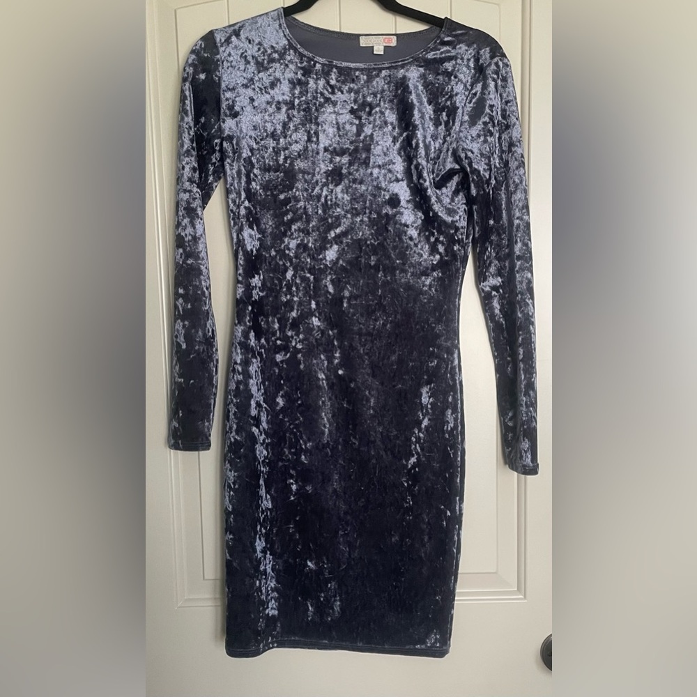 Gianni Bini Gray crushed velvet long sleeve midi bodycon blue gray dress S